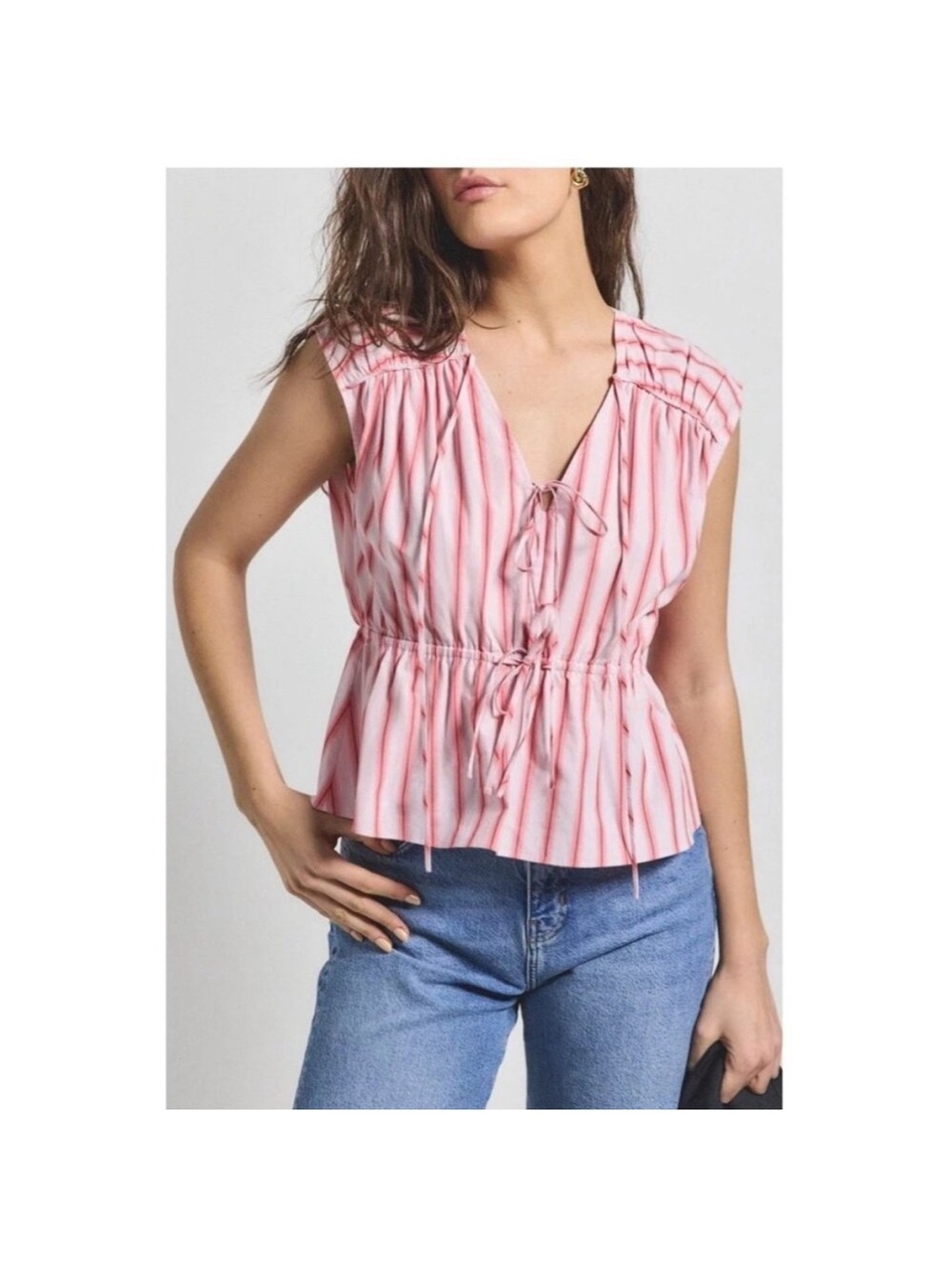 Derek Lam 10 Crosby Benihana Striped Tie-Front Cotton Top size medium.